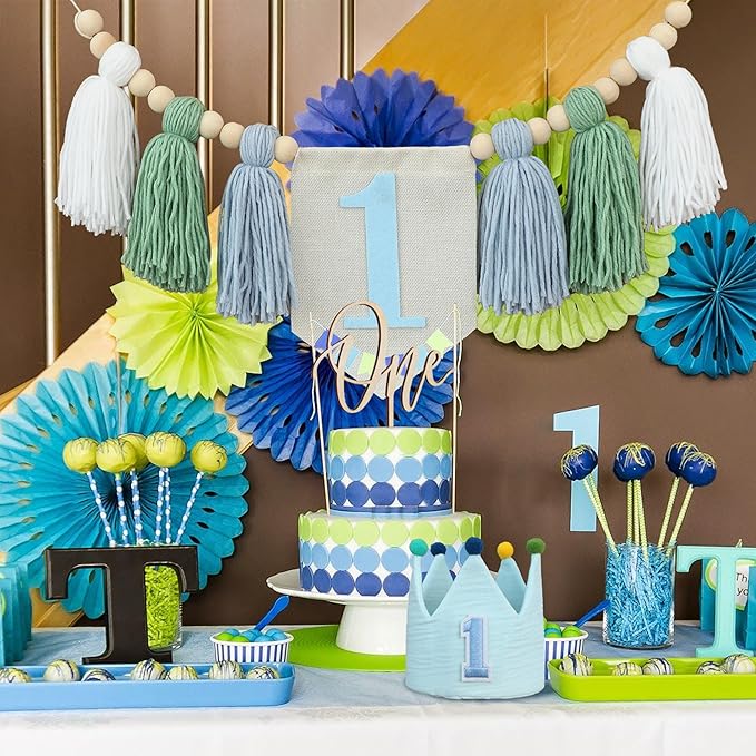 Baby 1st Birthday Party Decorations For Handmade Tassel Garland Highchair Banner With One Cake Topper Blue Crown Hat