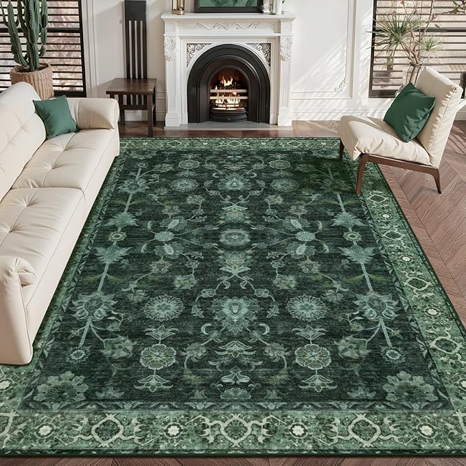Tangsoo 5x7 Green Area Rug for Bedroom Living Room, Washable Vintage Floral Rug Non Slip,Low Pile Stain Resistance Distressed Retro Indoor Boho Carpet for Laundry Farmhouse Dinning Room Mat Home Decor