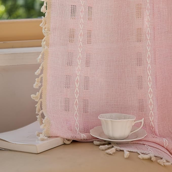 Deeprove Blush Pink Boho Curtain 63 inches Length for Living Room Girl Bedroom Nursery, Retro Casual Bohemian Sheer 63 inches Long Stripe Embroidery Privacy Window Tassel Decor W52 x L63, 1 Panel