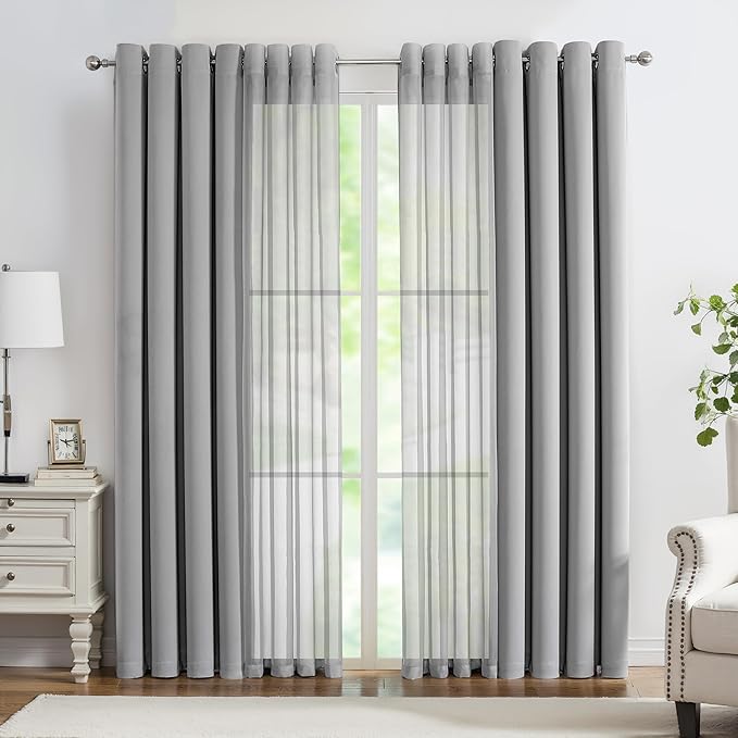 Lotusolution Living Room Mix and Match Blackout Curtains Gray Curtains & Solid White Voile Sheer Curtains Shabby Chic Double Layer Curtains Draperies for Christmas Holiday Bedroom, 52" W x 95" L, Grey