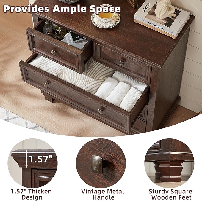 Farmhouse 5 Drawer Dresser Set of 2, 32.6 Inch Tall Vintage Chest of Drawers for Bedroom, Rustic Small Dressers w/Square Solid Wood Legs, Mid Century Storage Organizer for Hallway, Walnut