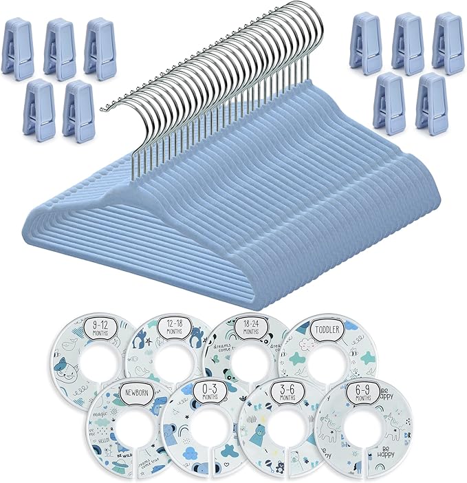 Velvet Baby Hangers with 10x Clips and 8X Dividers (30 Pack) | 11” Ultra-Slim Baby Clothes Hangers | Non-Slip Felt | Space-Saving Nursery & Infant Closet Organizer | Blue