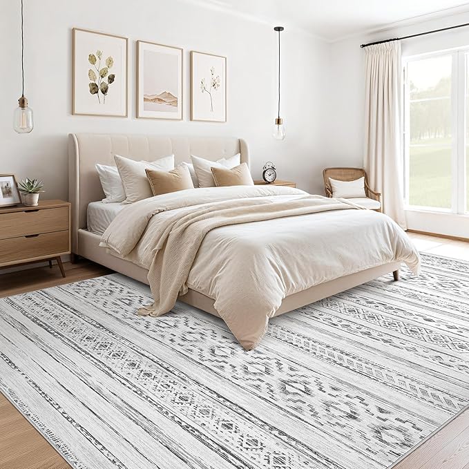 Area Rugs for Living Room Washable Living Room Rug Soft Neutral Indoor Floor Carpet Non-Slip Stain Resistant Modern Boho Rugs for Bedroom Dining Room Kids Room Nursery Office Home Cream Grey