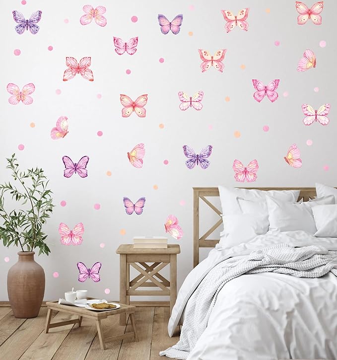 Pink Butterfly Wall Stickers,Butterflies with Plot Dots Vinyl Wall Decals, Removable Butterfly DIY Wall Art for Girl Bedroom Nursery Room Decor
