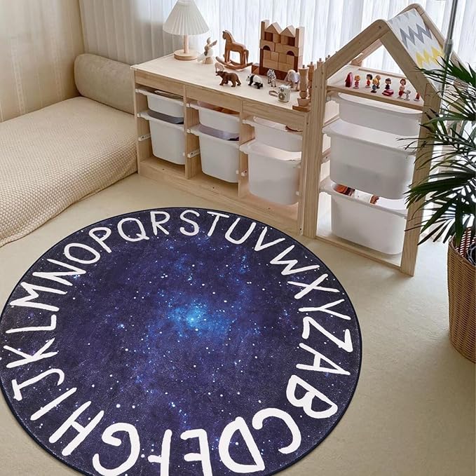 LIVEBOX Space Round ABC Rug for Kids Playroom, Alphabet Nursery Rug Crawling Play Mat for Children Bedroom, Galaxy Washable Rug Learning Carpet for Baby Toddlers Room (47",Star Blue)