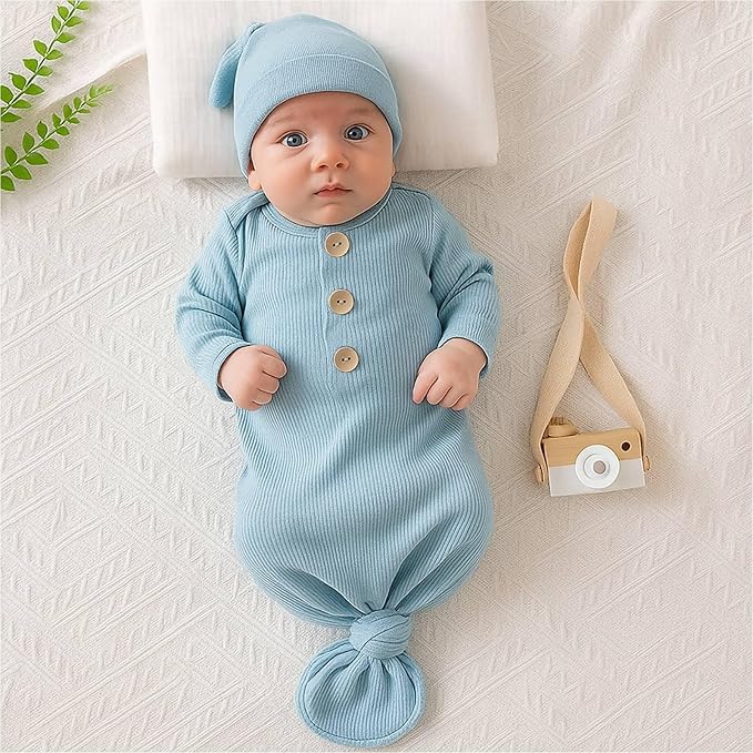 OPAWO Knotted Gown Baby Newborn Sleepers Baby Boy Coming Home Outfit, Bamboo Viscose Baby Gowns with Mitten Cuffs and Hat Set