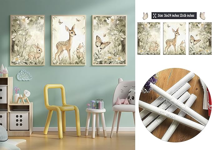 3Pcs Woodland Animal Nursery Canvas Wall Art Cute Forest Animal Wall Decor Pictures Deer and Butterfly Wildflowers Posters Prints for Nursery Bedroom Kids Room Home Decoration Unframed Posters 16x24in