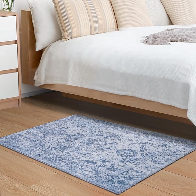 Area Rug 2x3, Washable Rug for Entryway Indoor, Small Area Rug for Living Room Entrance, Vintage Rug for Bedroom Doormat, Non Slip Soft Low Pile Carpet for Kitchen, Hallway, Office, Blue