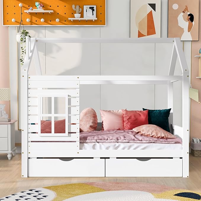 Full Size House Bed for Kids with 2 Storage Drawers, Full Playhouse Bed Frame with Roof and Window, Kids Full Size Bed Frames with Slats, Modern Wooden Montessori Bed for Bedroom, Full-White