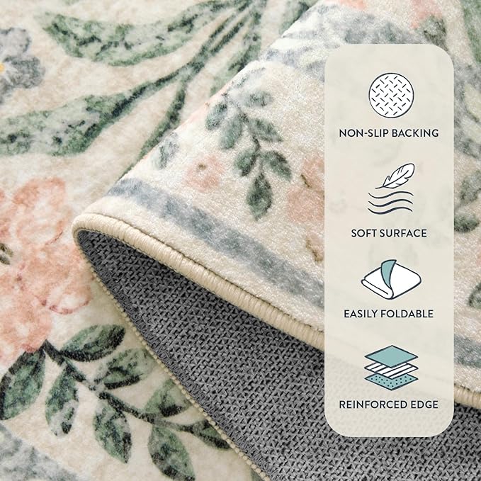 Lahome Round Boho Floral Rugs 4ft, Cream Washable Circle Rugs for Bedroom Nursery, Vintage Beige Circular Carpet, Soft Non-Slip Carpet for Kids Room Playroom Calm Corner, Beige