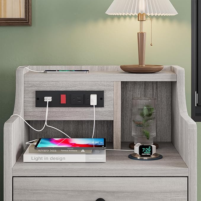 ADORNEVE Nightstand with Charging Station, Night Stand with Hutch & Storage Drawers, End Table Side Table Bedroom,Grey