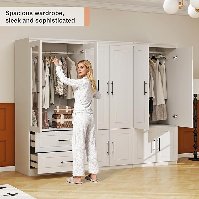Armoire Wardrobe Closet with Glass Door: White 6 Door Wood Wardrobe Closet Combination Wooden Bedroom Armoire 2 Drawer with Hanging Rods for Home/Bedroom/Living Room