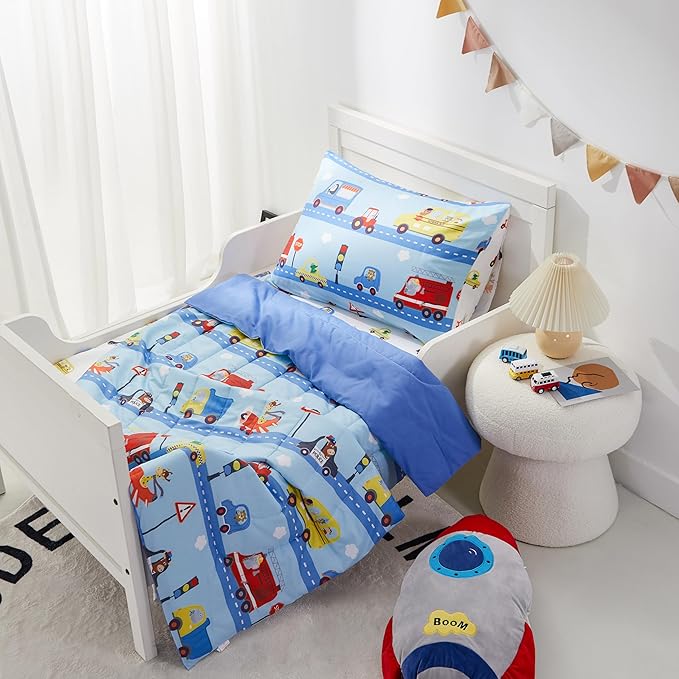 PINNKKU 4-Piece Toddler Bedding Set, Includes 1 Flat Sheet, 1 Fitted Sheet, 1 Comforter and 1 Reversible Pillowcase, Standard Toddler Comforter & Sheet Set, Ultra Soft Toddler Bed Set, Cars & Road