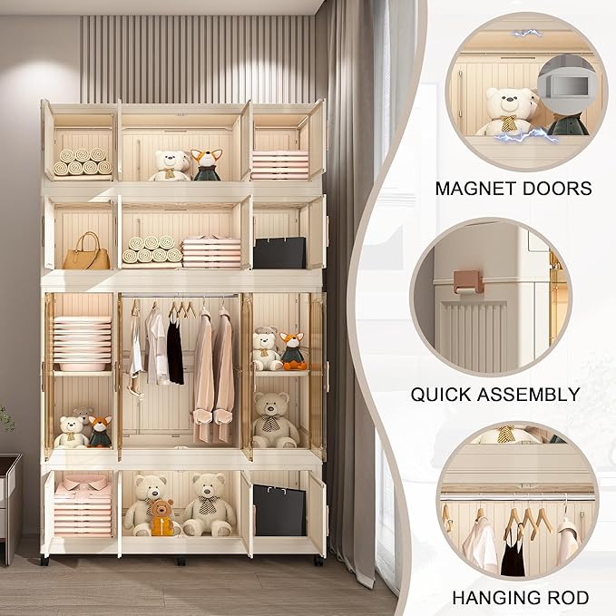 Kids Portable Wardrobe Closet Organizer with Magnetic Doors, 16 Cubes & 1 Hanging Rod, 6 PCS Hangers, Children's Plastic Wardrobe Closet for Bedroom Storage, Large Baby Wardrobe Storage Cabinet