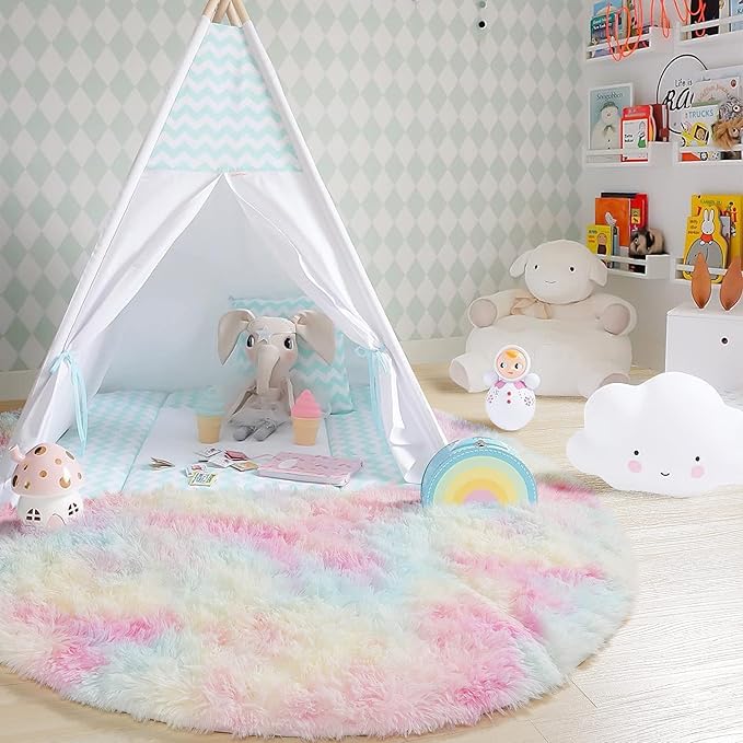 Amdrebio Rainbow Fluffy Small Round Rug 3Ft Kids Rugs for Girls Bedroom, Unicorn Room Decor, Colorful Pastel Shag Carpet for Dorm, Soft Cute Fuzzy Kawaii Circle Area Rugs for Baby Nursery, Playroom