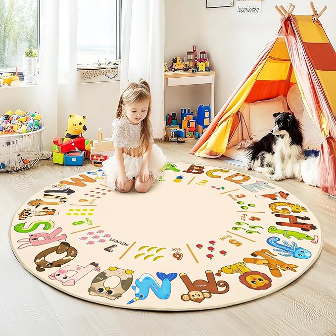 Kids Rugs for Playroom, 4'x4' Round Educational Rug for Learn The ABC Alphabet, Soft Machine Washable Non-Slip Cute Animal Carpet for Classroom Toddler Nursery Kids Room Decor Mat, Beige