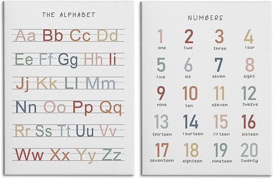 HRQKO Alphabet Numbers Nursery Canvas Wall Art Set of 2, Kids Room Decor Framed Art, ABC Numbers Educational Posters Wall Decor for Classroom Toddler Kids Nursery Bedroom Playroom, 11x14 inch