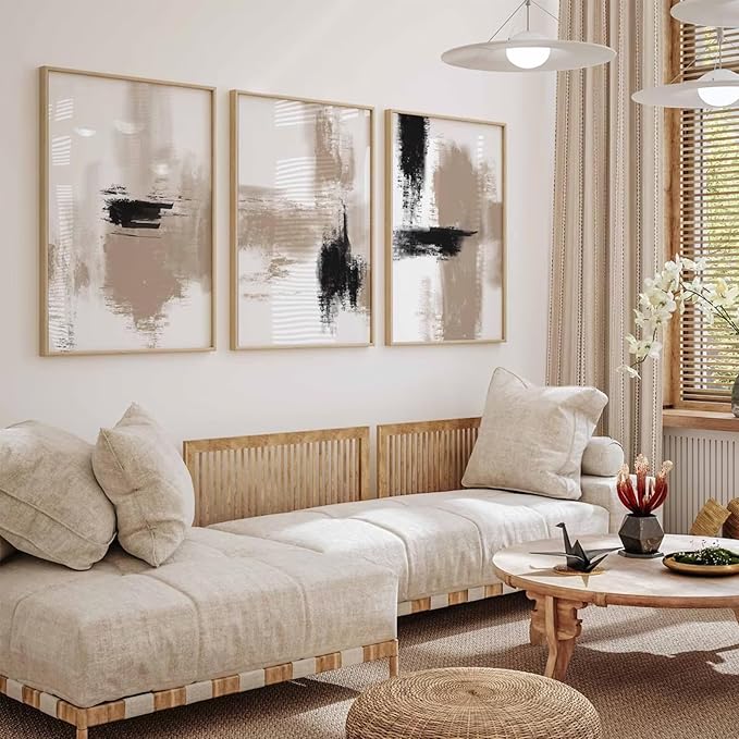 Joocrise Beige Abstract Wall Art Painting Set of 3 Neutral Canvas Wall Art Prints Black Beige Modern Wall Decor Minimalist Art Pictures Abstract Modern Artwork for Room Bedroom 24x36 Inch Unframed