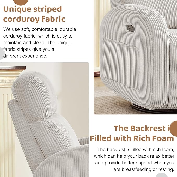 Power Swivel Rocker Recliner Nursery Glider Recliner, Swivel Glider Recliner with USB & Type-C Port, Reclining Nursery Rocker with Double Pockets for Living Room, Camel, Corduroy