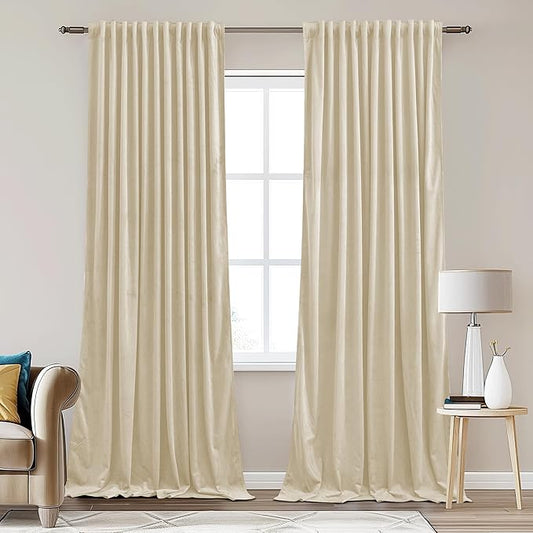 StangH Luxury Velvet Curtains 96 inches - Beige Light Dimming Energy Saving Drapes for Nursery Bedroom, Elegant Home Decor Back Tab Privacy Panels for Hallway, W62 x L96, 2 Panels
