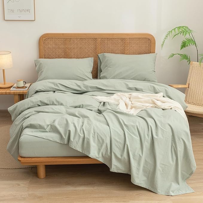 BESTOUCH Sheet Set 100% Washed Cotton Linen Feel Super Soft Comfortable Chic Lightweight 3 Pcs Home Bedding Set Solid Sage Green Twin