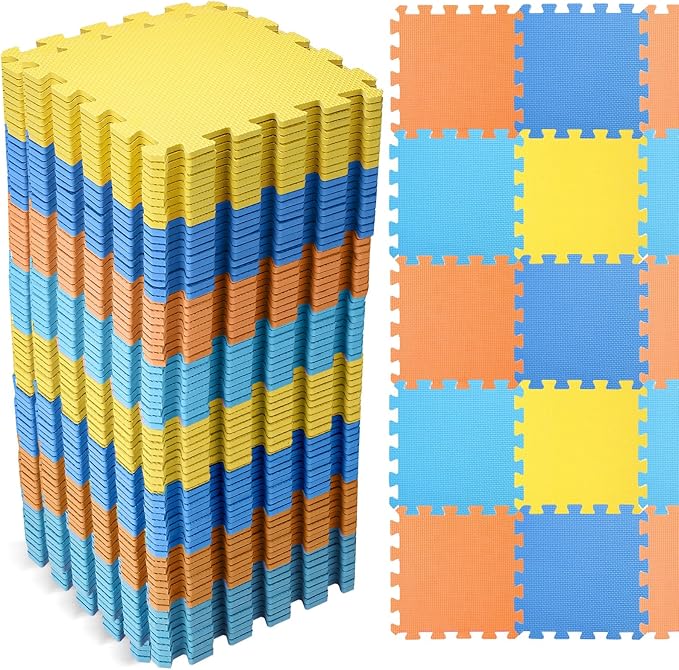 Nuanchu 60 PCS Kids Foam Puzzle Floor Mat Bulk - Solid Color Foam Play Mat with Borders Interlocking Multi Use Floor Rug for Children, 12 Inch(Dark Blue, Light Blue, Orange, Yellow)