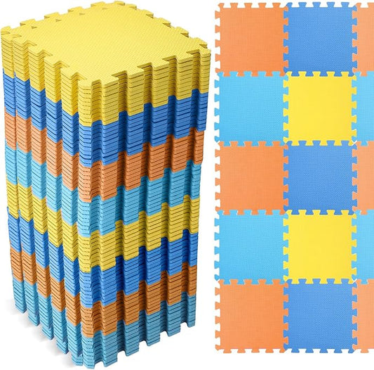 Nuanchu 60 PCS Kids Foam Puzzle Floor Mat Bulk - Solid Color Foam Play Mat with Borders Interlocking Multi Use Floor Rug for Children, 12 Inch(Dark Blue, Light Blue, Orange, Yellow)