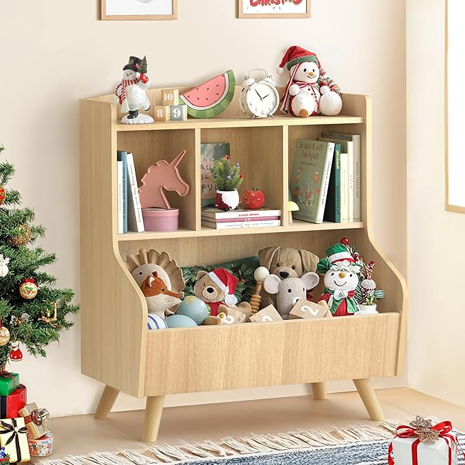 Curipeer Kids Bookshelf and Toy Storage, 3-Tier Wooden Bookcase, Baby Book and Toy Storage Display Organizer with Spacious Top Shelf for Children, Friends, Family, Natural Wood Color
