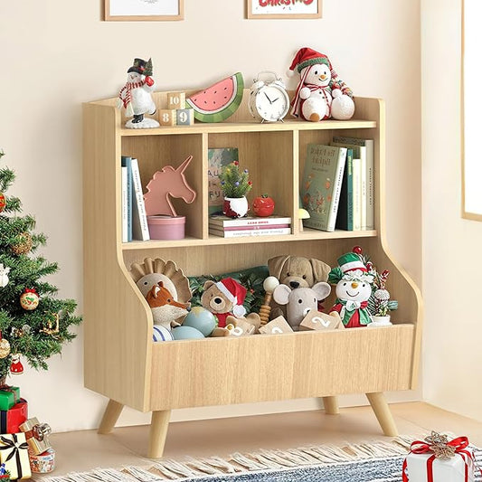 Curipeer Kids Bookshelf and Toy Storage, 3-Tier Wooden Bookcase, Baby Book and Toy Storage Display Organizer with Spacious Top Shelf for Children, Friends, Family, Natural Wood Color