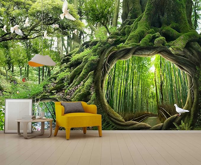 Fantasy Forest Landscape Wall Mural Wallpaper Bamboo and Stream Wallpaper for Bedroom Living Room TV Background Sofa Wall (not self-Adhesive)