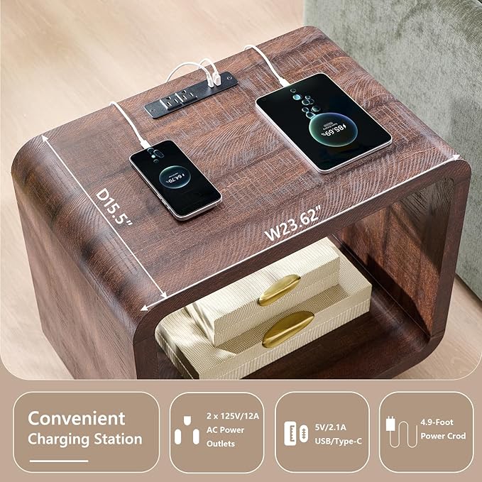 23.6" Modern End Table, 2 Tier Side Table with Charging Station, Simple Bedside Table with Open Storage Shelf, Outlet, Wooden Nightstand for Bedroom, Living Room, Study, Easy Assembly, Brown