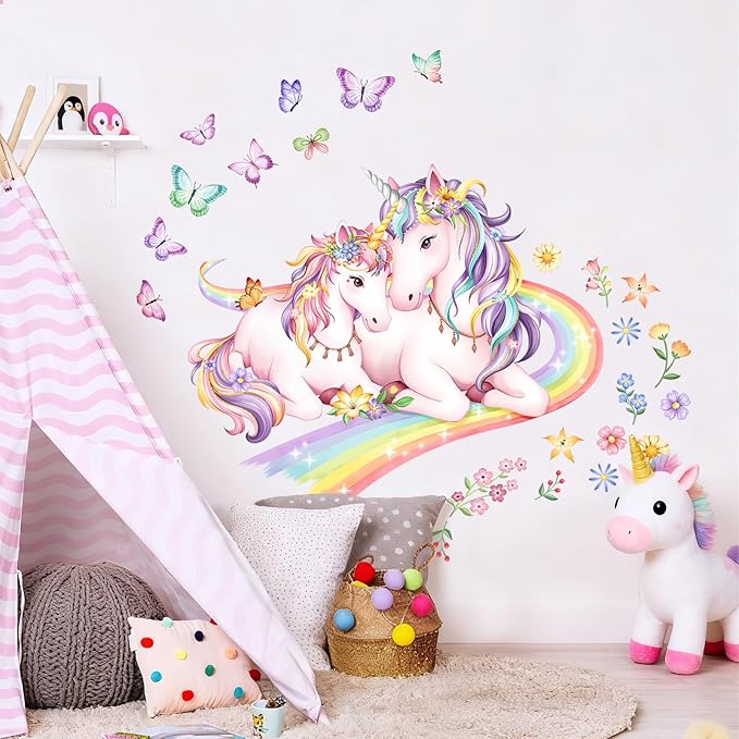 Tanlaby Rainbow Unicorn Wall Decals Flowers Butterflies Unicorn Wall Stickers Peel and Stick Wall Art Decor for Baby Nursery Girls Bedroom Daycare Playroom