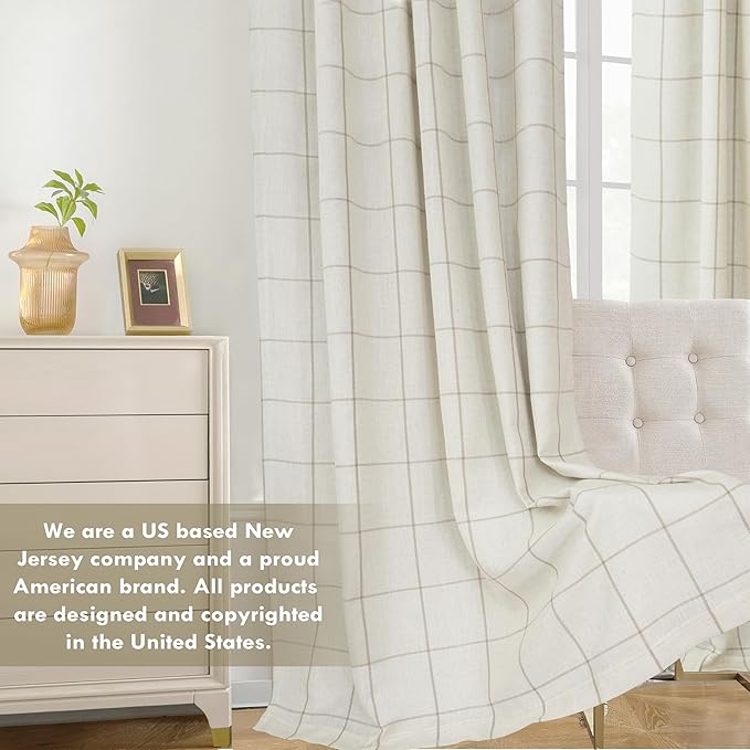 DriftAway 2 Panels 100% Blackout Windowpane Plaid Linen Curtains Double Layer Drapes for Bedroom 63 Inches Long Farmhouse Thermal Insulated 3.25 Inch Rod Pocket Back Tab for Living Room Taupe