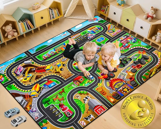 Kids Rug, 5x7 FT Non-Slip Monster Truck Play Rug, Extra Thick (0.4in), Educational LearningTraffic Road Car Carpet for Nursery, Classroom, Playroom & Bedroom