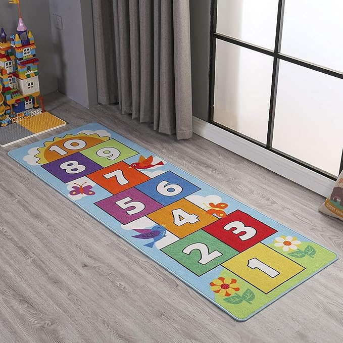 Hop & Count Hopscotch Rug for Kids, Floor Play Area Rug Game Carpet Crawl Jump Mat, Skid-Proof Backing, Great Gift for Boys Girls, Room Decor, Classic Hopscotch Rug for Preschool Playroom