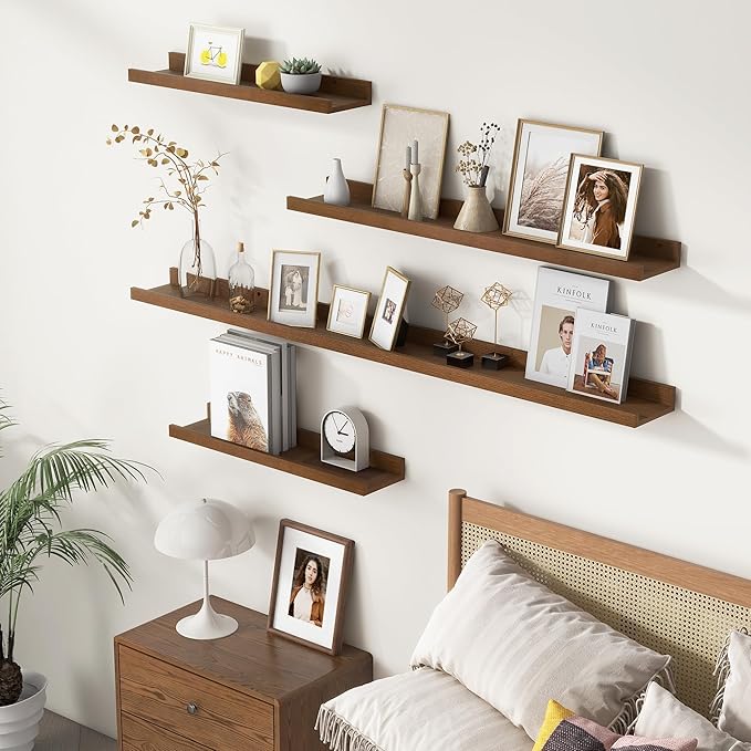 Picture Ledge Wall Shelves 24 inches Width Set of 3, Solid Pine Wood Rustic Floating Ledge Shelves for Wall for Kids' Room Bedroom Kitchen Bathroom Living Room Nursery Display Wall Decor, Walnut