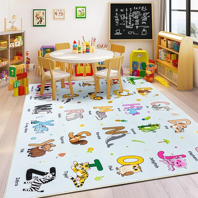 Kids Rugs for Playroom, 5x7 Feet Educational Rug for Learn The ABC Alphabet, Soft Machine Washable Non-Slip Cute Cartoon Animals Carpet for Classroom Toddler Nursery Kids Room Decor, Blue