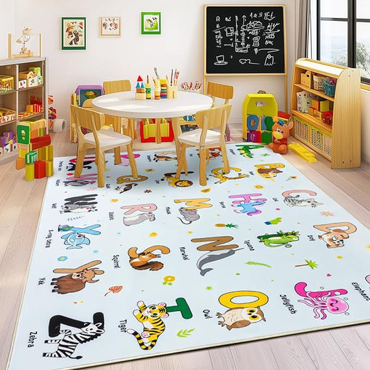 Kids Rugs for Playroom, 7x9 Feet Educational Rug for Learn The ABC Alphabet, Soft Machine Washable Non-Slip Cute Cartoon Animals Carpet for Classroom Toddler Nursery Kids Room Decor, Blue