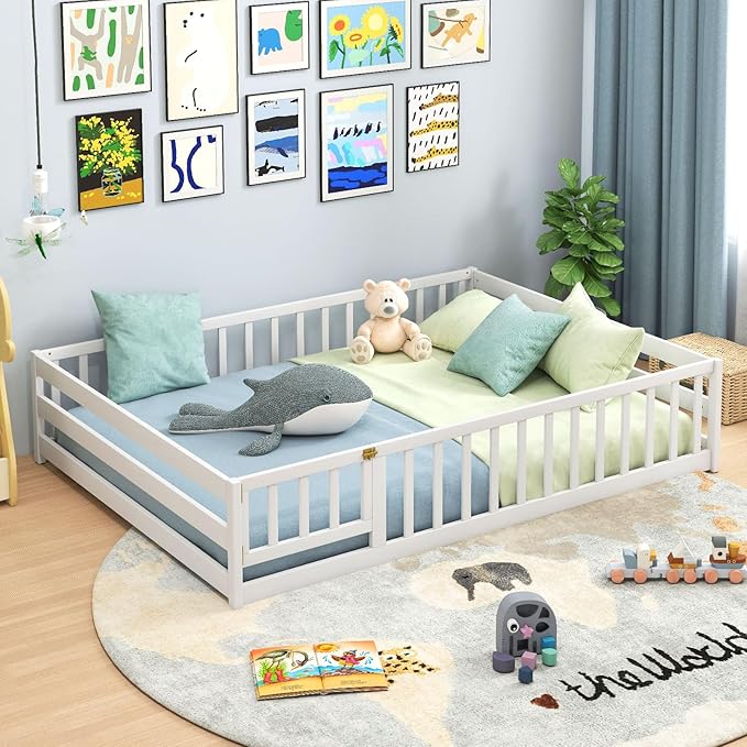 Giantex Full Floor Bed with Door & Fence, Kids Wood Montessori Beds with Safety Guardrails, Floor Bed Twin for Kids, Boys, Girls, No Box Spring Needed, White