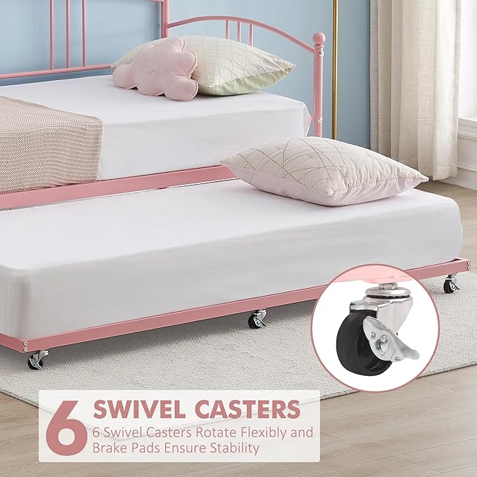GarveeHome Daybed with Trundle, Sturdy Metal Day Bed with Steel Slat Support, Trundle Bed Twin with Arched Headboard, SofaBed for Living Room, Bedroom and Guest Room, Pink
