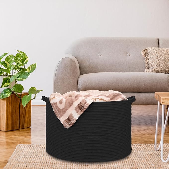 Extra Large Blanket Basket 87L, Laundry Hamper, Baby Nursery Hamper for Storage Toys Clothes Towels, Large Cotton Rope Laundry Basket for Girls Boys, 22”x 14”, Black