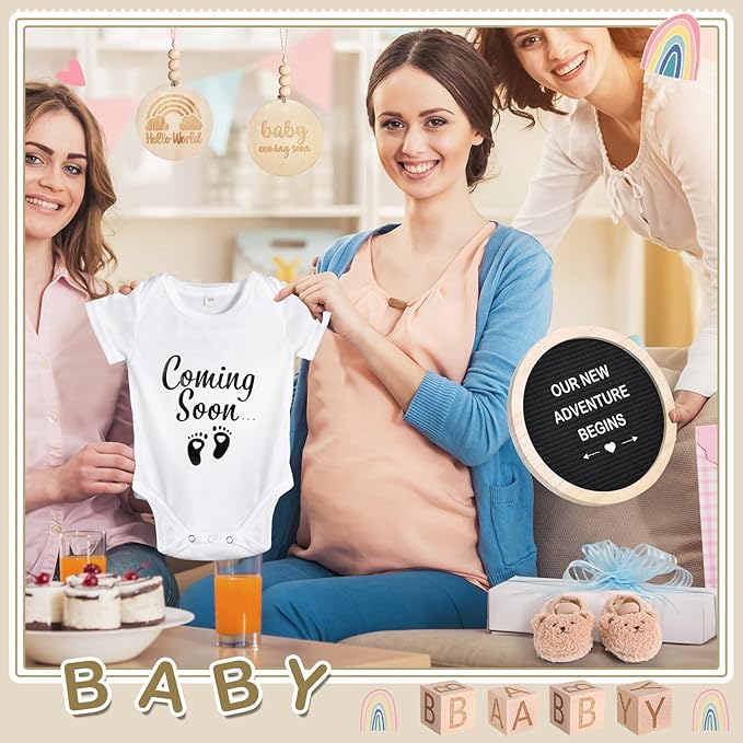 8 Pcs Pregnancy Announcement Set Pregnancy Reveal Ideas Include Felt Letter Round Board Kit Baby Bodysuit Booties Wood Blocks Wooden Signs for Coming Soon Baby Announcement(Black)