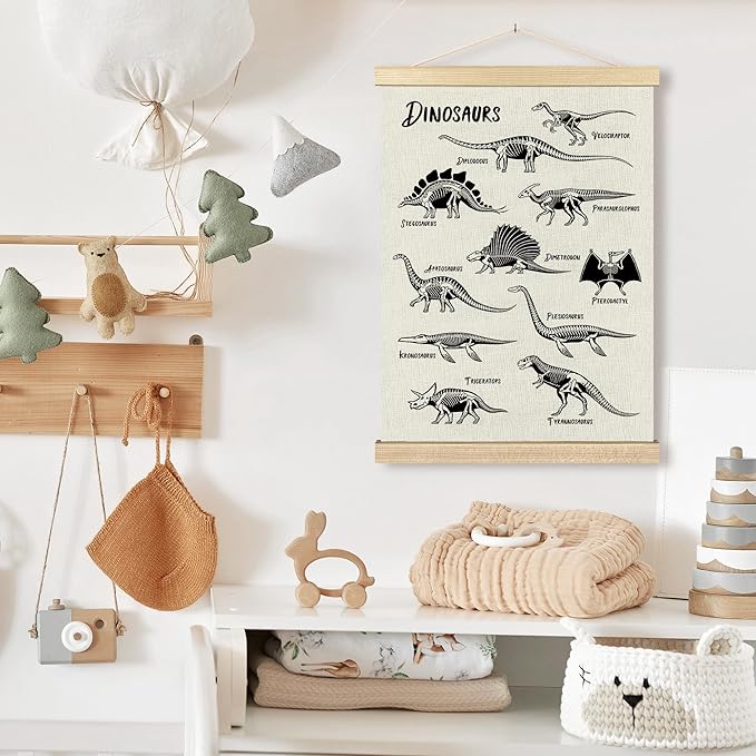 BCUANGD Dinosaur Dino Skeleton Wall Decor - Baby Toddler Boys Room Wall Art Poster Hanger with Wood Frames, Inspirational Wall Hanging Canvas Decor for Kids Room Playroom Nursery Bedroom, 12x16 Inches