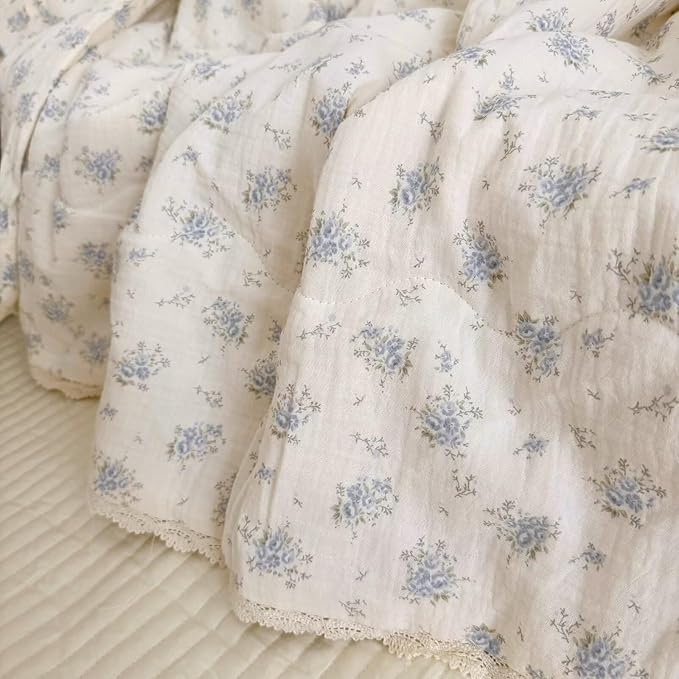 BuLuTu Blue Flower Freesia Toddler Girls Boys Quilts 100% Cotton Muslin Toddler Bed Blankets Soft Lightweight Children Comforter for Standard Crib Cot, 47x59 Inches