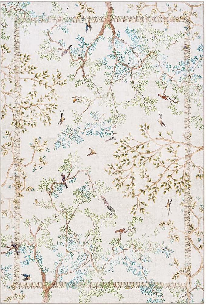 jinchan Yarden Botanical Birds 5x7 Ivory Area Rugs for Living Room Washable Non-Slip Soft Nature Plants Modern Kids Carpet Vintage Ultra Thin Low Pile Indoor Rug for Bedroom Nursery Playroom