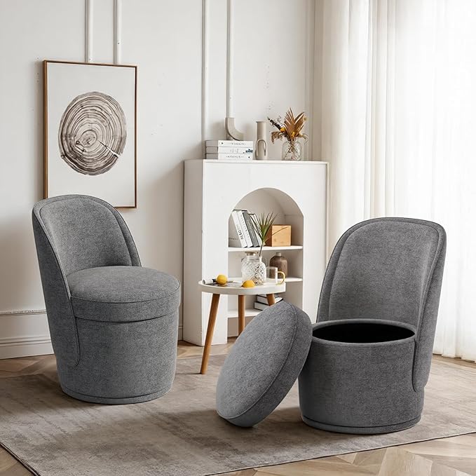 Swivel Accent Chair Set of 2, 360° Swivel Round Chair with Hidden Storage, Modern Small Barrel Armchair for Living Room/Bedroom, Darkgrey