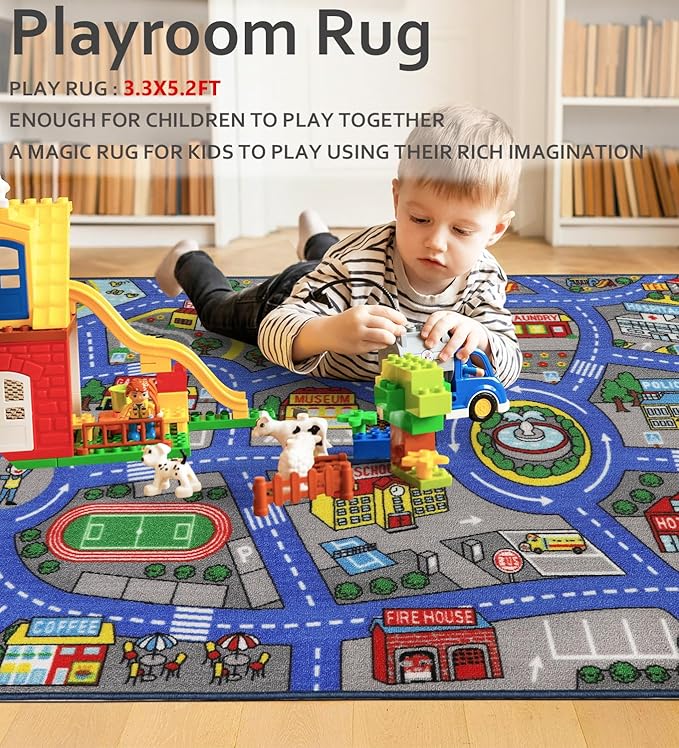 Kids Rug 3'3" x 5'2" City Life Playmat Area Rug Car City Map Washable Traffic Road Educational Learning Nursery Rug Carpet for Children Playroom Living Room Bedroom Classroom Decor Dark Blue