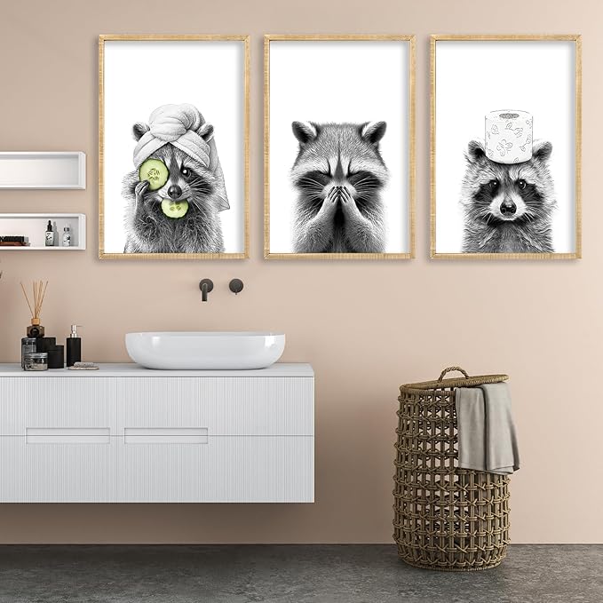 Funny Bathroom Adorable Raccoon Wall Art Decor 16x11 Inch Set Of 3 Laundry Animal Prints Wooden Framed Signs Rustic Washroom Interesting Modren Artwork Wall Hanging Deoration (Wood)