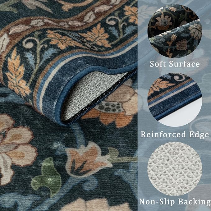 Anidaroel Floral Print Area Rug 5x7, Washable Dark Green Rugs for Living Room, Non Slip Soft Large Rugs for Bedroom, Stain Resistant Dining Room Mat Indoor Floor Carpet for Dorm