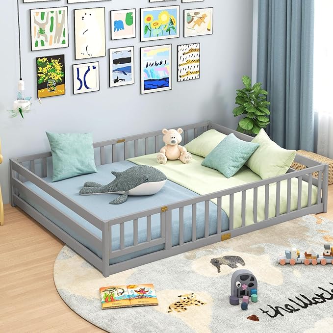 Giantex Queen Floor Bed with Door & Fence, Kids Wood Montessori Beds with Safety Guardrails, Floor Bed Twin for Kids, Boys, Girls, No Box Spring Needed, Grey